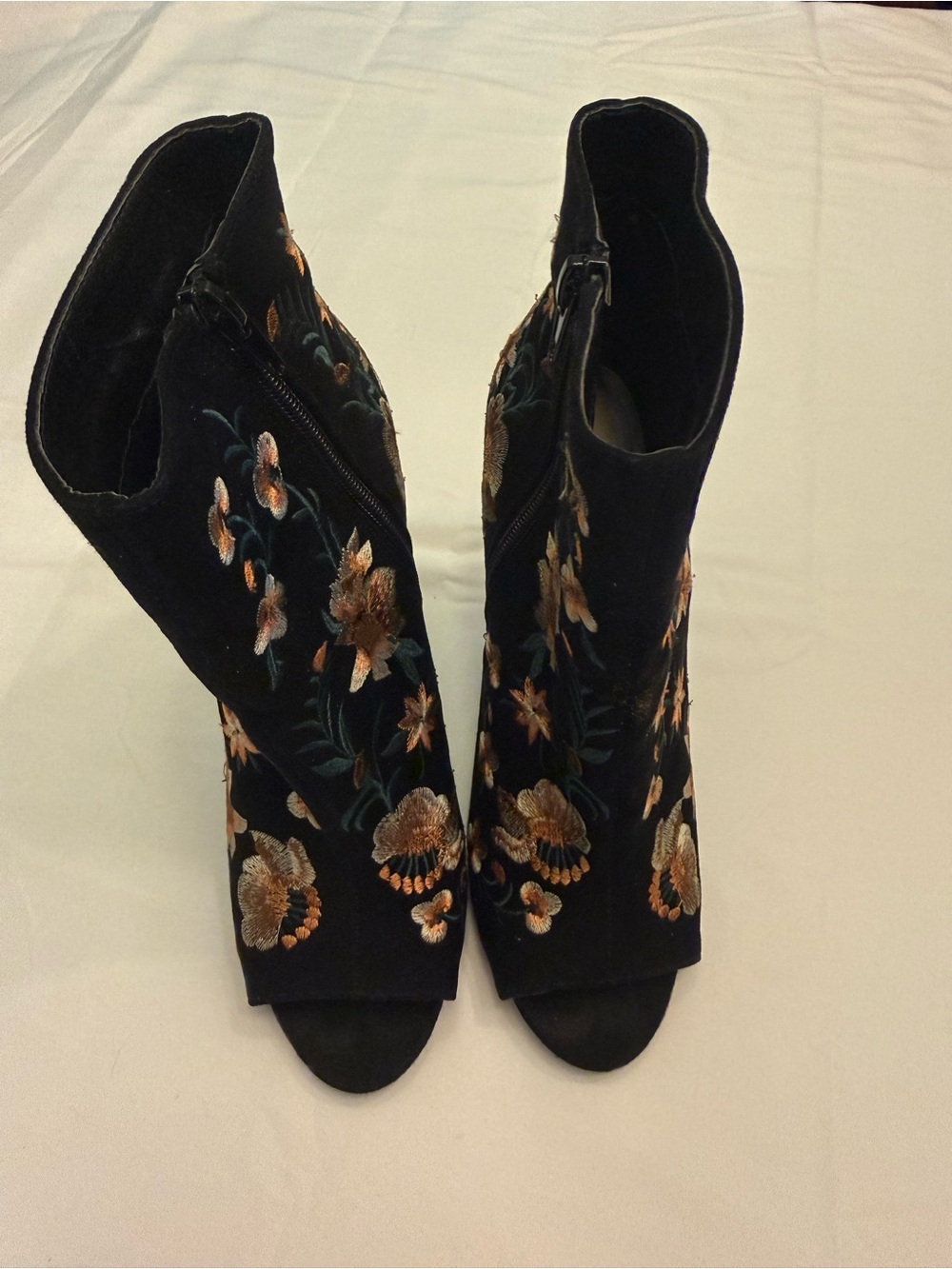 JustFab Black Peep-Toe Ankle Booties with Gold Floral Embroidery